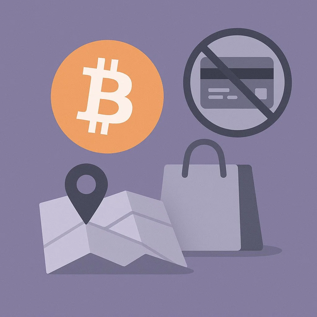 Icons representing Bitcoin, no credit card use, location pin on a map, and shopping bag against a purple background.