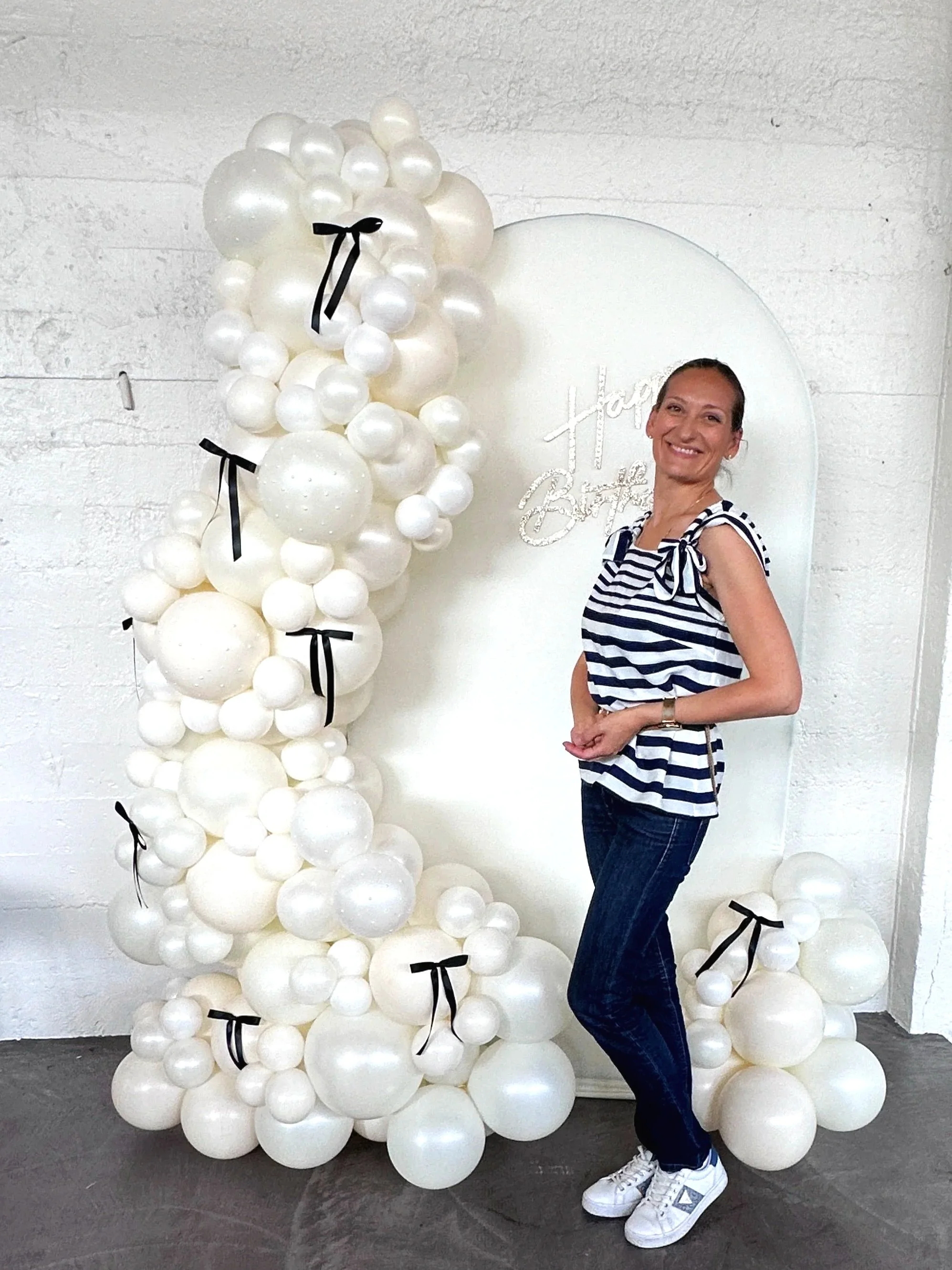 Chic White Balloon Décor with Black Ribbons | Birthday Styling Bay Area