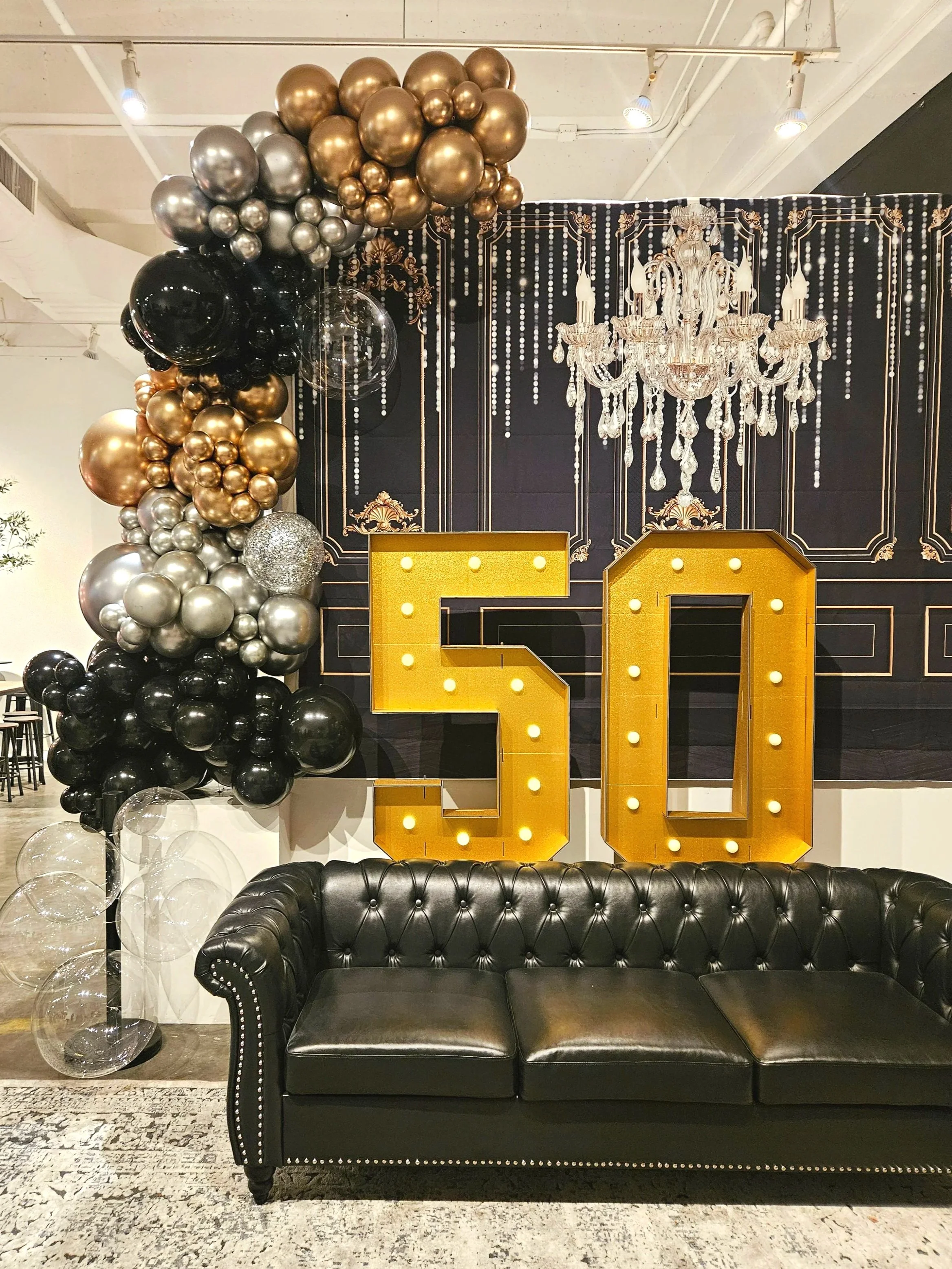 50th Birthday Balloon Décor | Black, Gold & Silver Luxury Setup