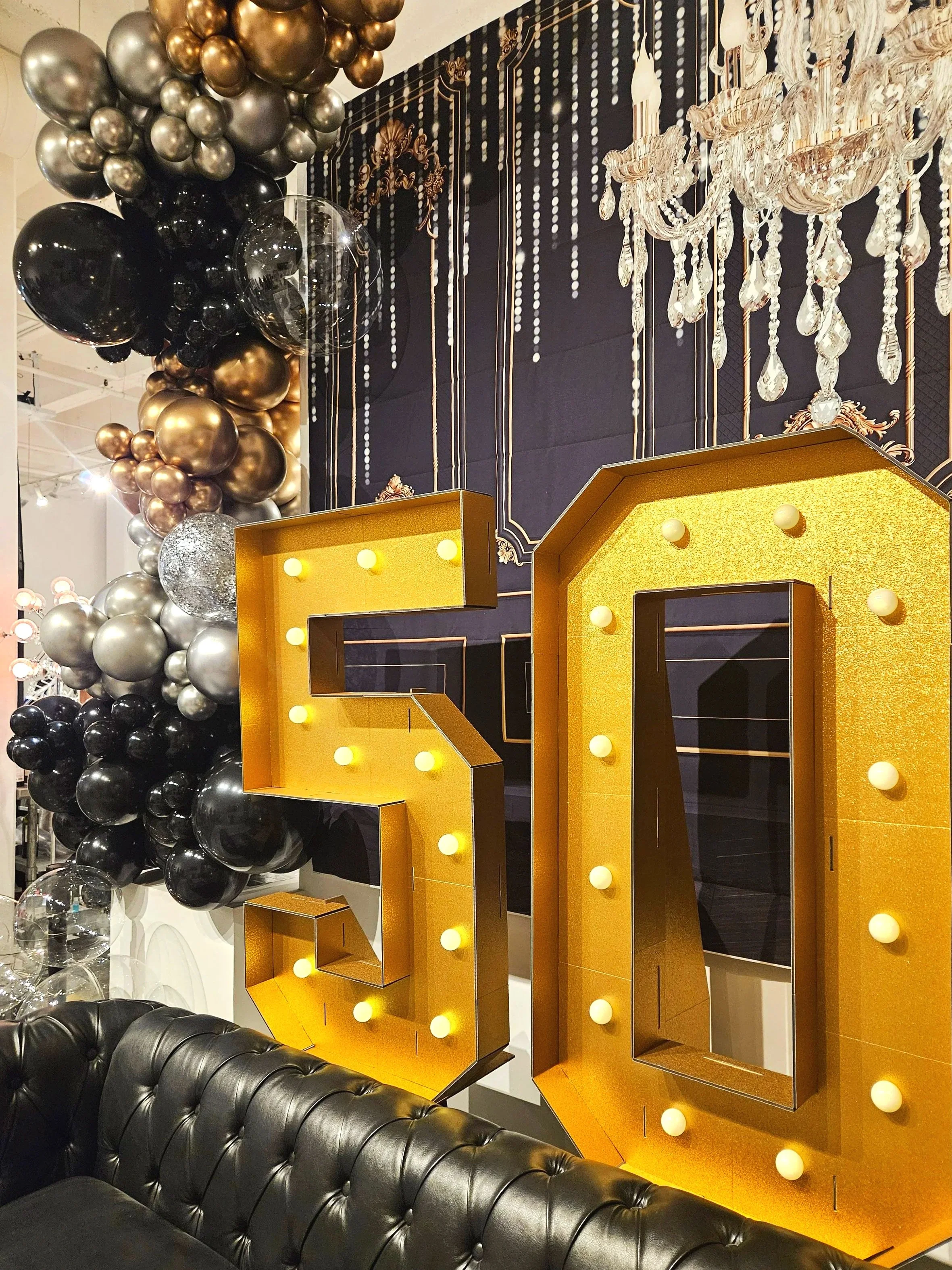 50th Birthday Balloon Décor | Black, Gold & Silver Luxury Setup
