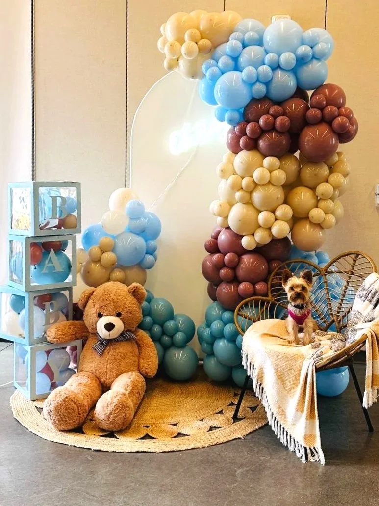 Teddy Bear Baby Shower Décor | Balloon Setup in Beige, Brown & Blue