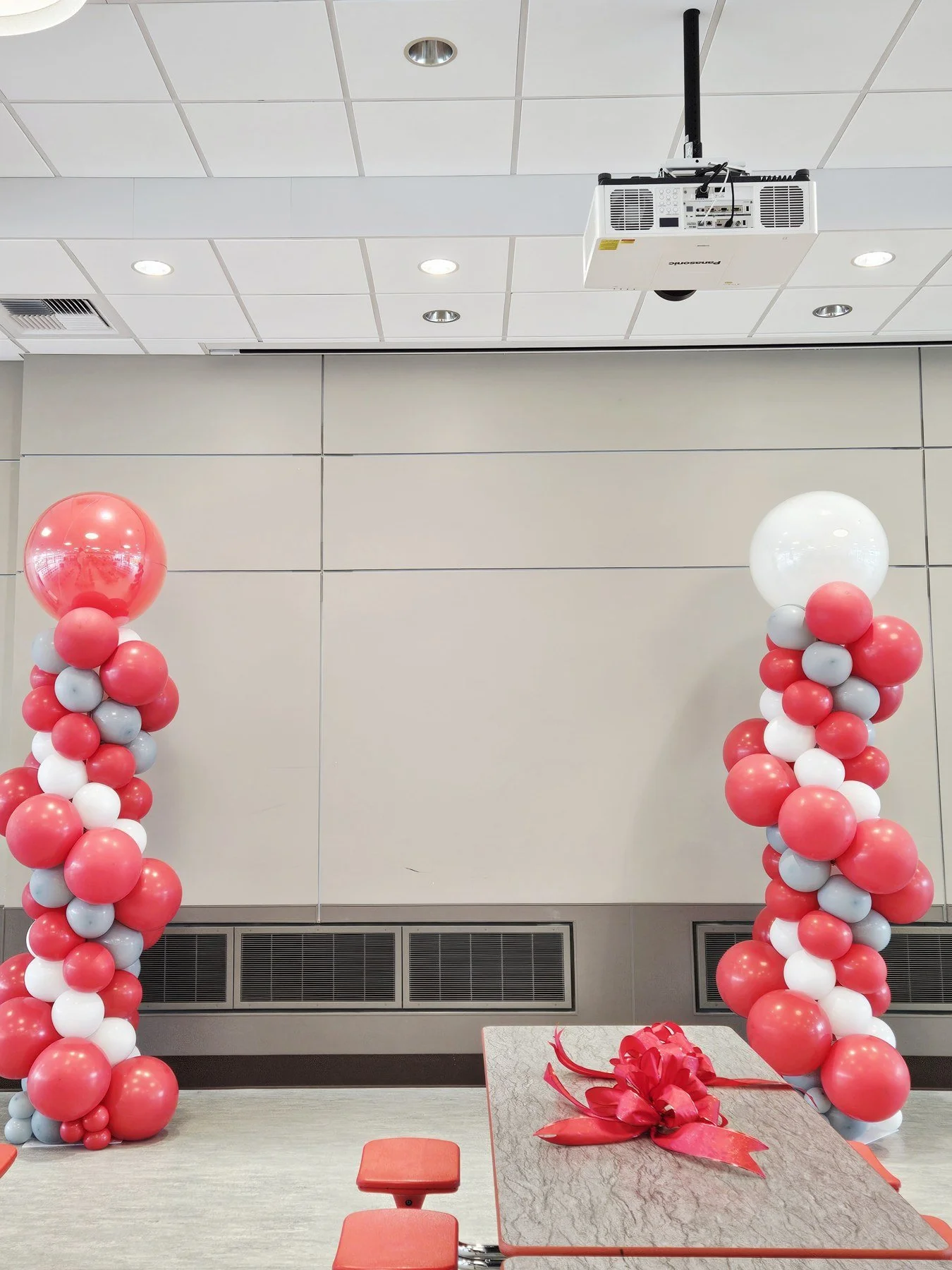 Corporate Ribbon Cutting Red Gray Balloon Columns