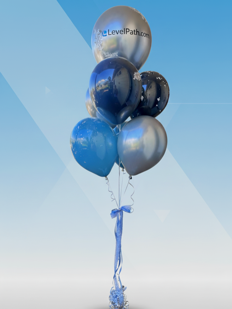 Elegant helium balloon bouquet with custom company logo for corporate events in San Francisco Bay Area.
