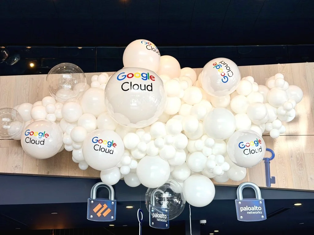 Custom Google Cloud branded balloon installation for a product launch at Moscone Center in San Francisco.