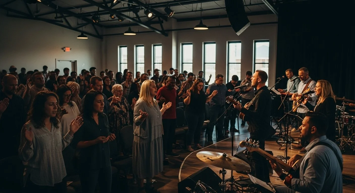 A group of people in a church or concert hall singing and playing musical instruments during a service or performance.