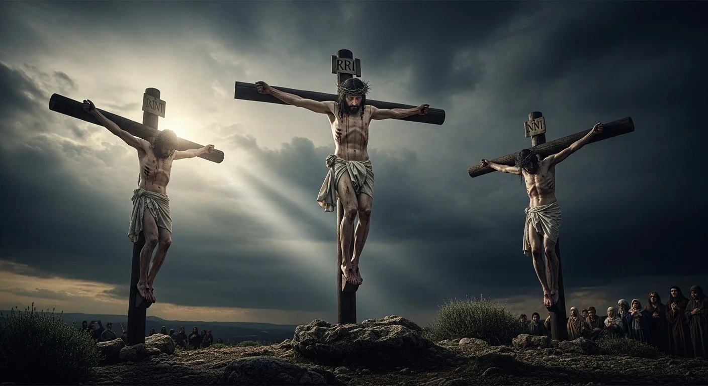 Crucifixion scene with three crucified men, Jesus in the center, on a dark, cloudy sky background, with a crowd watching from below.