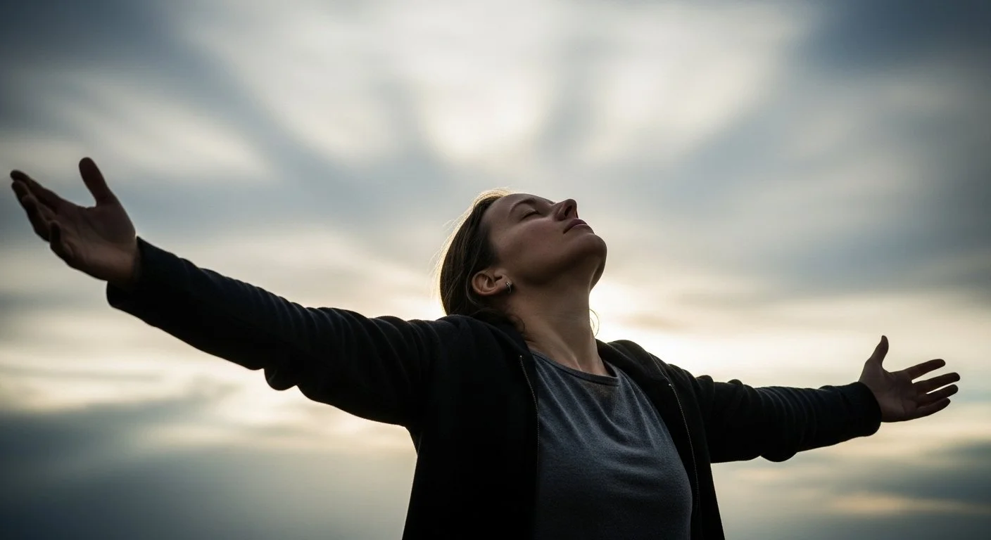 A woman standing outdoors with arms outstretched and face tilted upwards, in front of a cloudy sky.