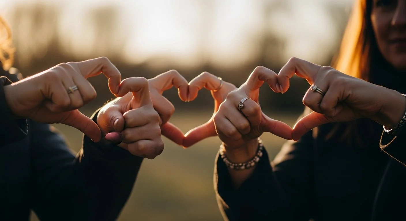 Two women forming a heart shape with their hands during sunset, wearing rings and bracelets.