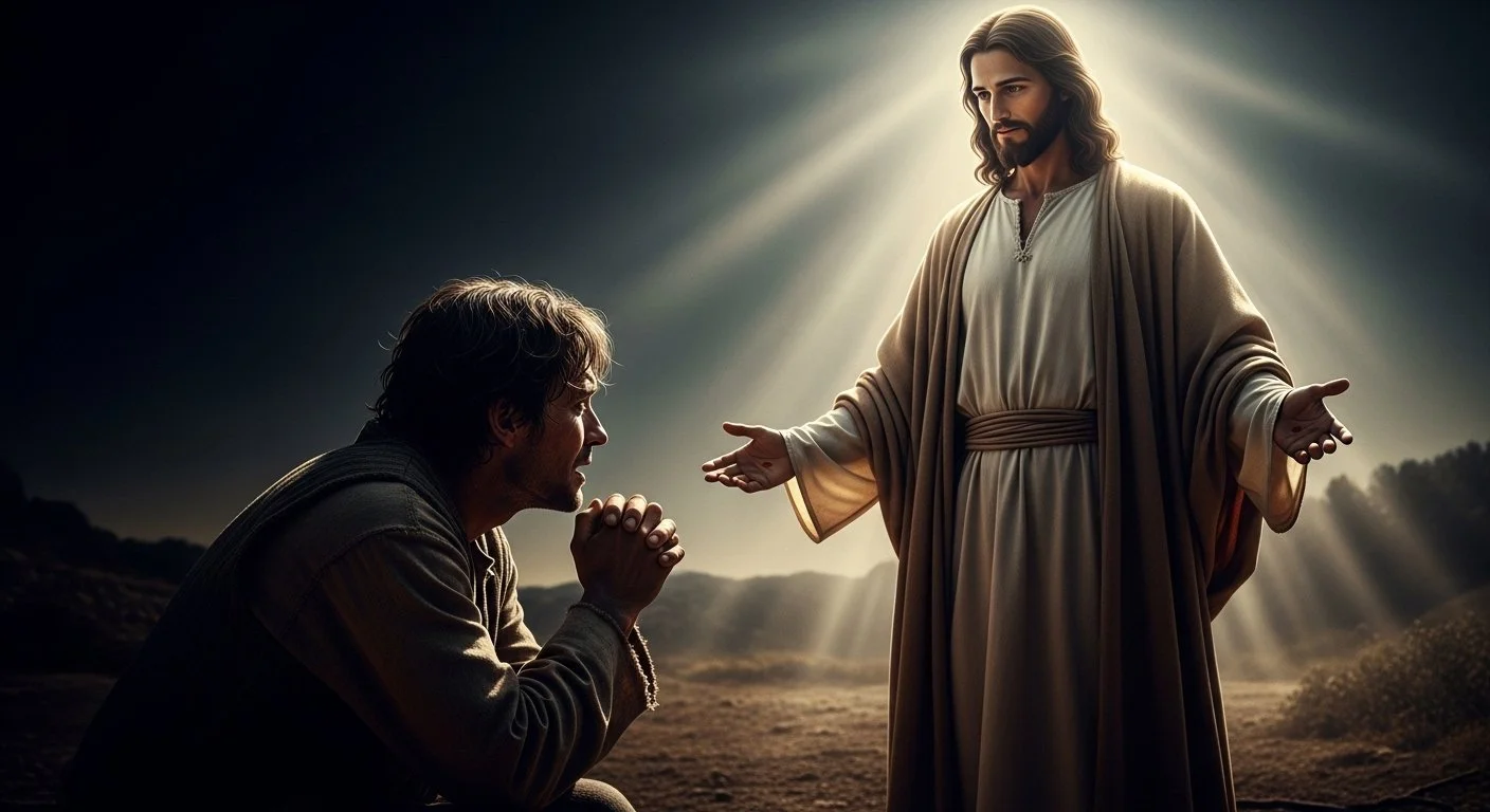 A man kneeling with clasped hands praying, facing Jesus Christ who is standing with arms outstretched in a glowing, radiant light in a scenic outdoor setting.