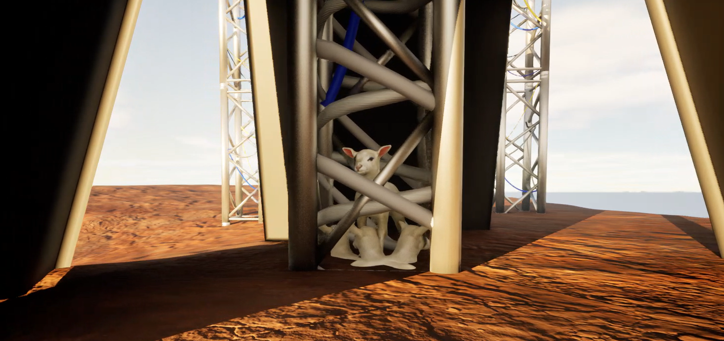 Captura de pantalla de una oveja y varias cabezas de oveja dentro de una torre metálica en un altar colocado en el mapa de La Hammada