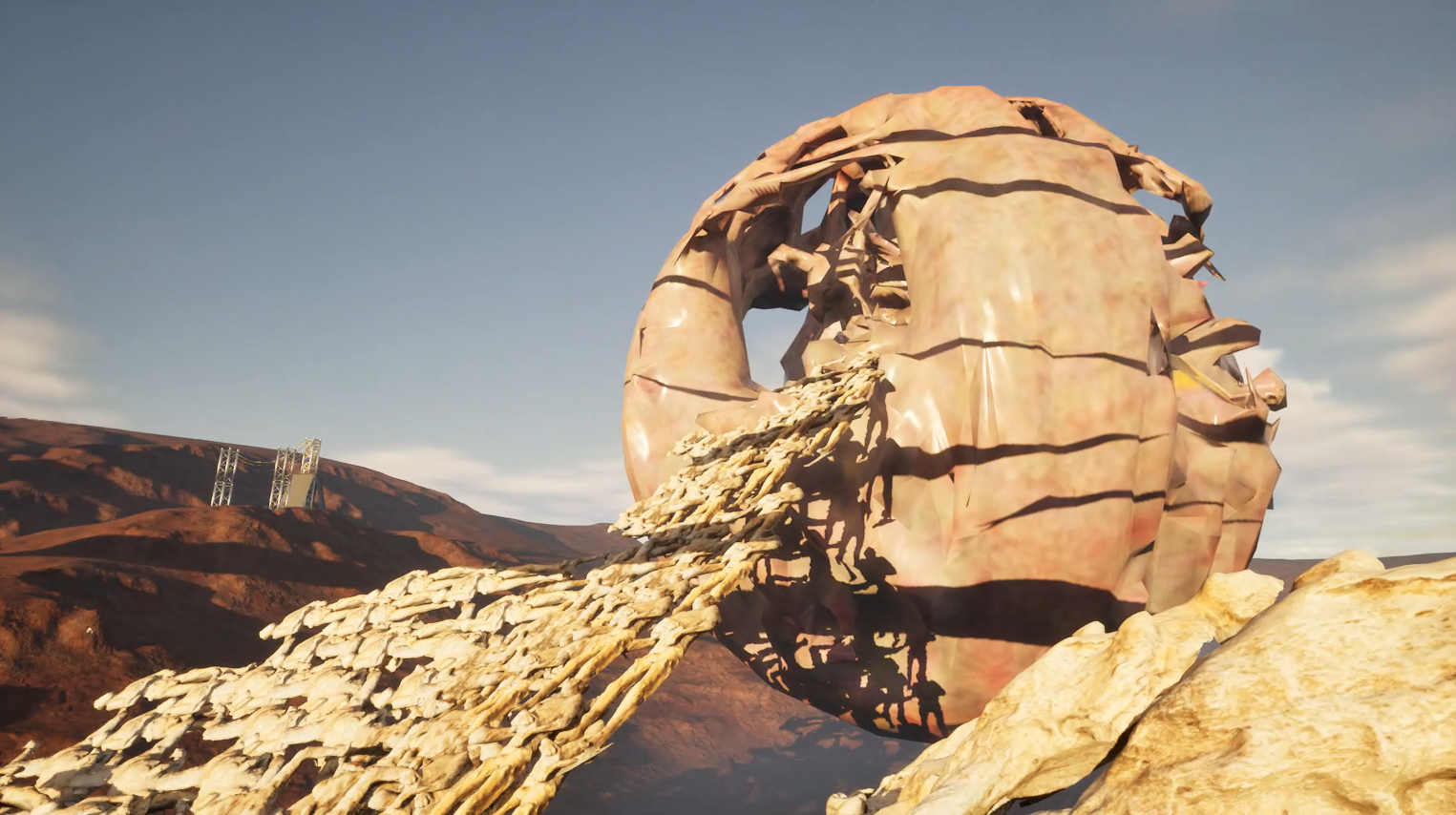 Captura de pantalla de uno de los espacios en los mapas editados de La Hammada donde se ve una estructura irregular de un "pájaro matemáticamente perfecto"