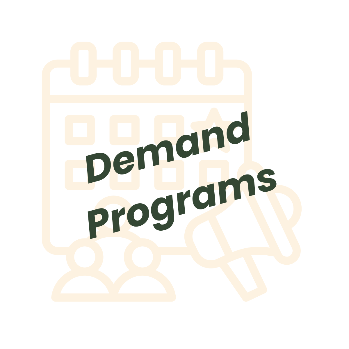 Image in background of calendar, 3 people and horn - words demand program.