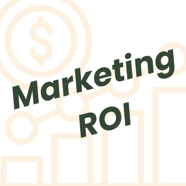Text overlay reading 'Marketing ROI' over a background with a light-colored line graph and dollar sign icons.