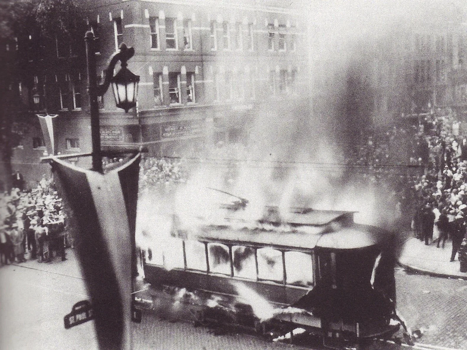 Vermont trolley 19th century, Burlington. Crowd of people at trolley burning