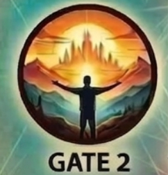 Silhouette of a person with arms outstretched in front of a circular fantasy landscape featuring mountains and a castle, with 'GATE 2' text below.