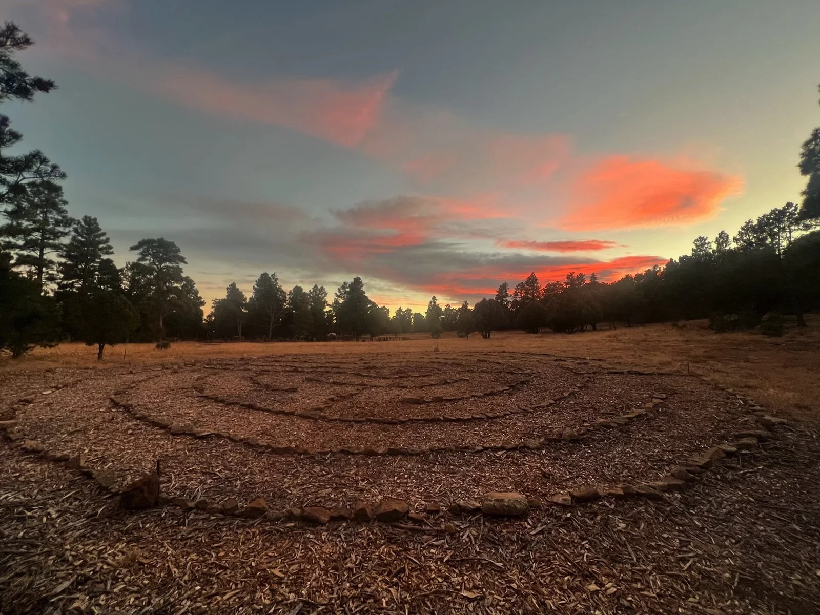 A landscape scene at sunset with a spiral pattern made of rocks on the ground and trees in the background.