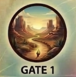 A circular painting of a desert landscape with canyon formations, a winding river, and a small figure sitting by the riverbank, with the caption 'GATE 1' below.
