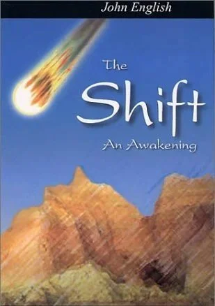 Book cover for 'The Shift: An Awakening' by John English, featuring a meteorite falling towards a mountainous landscape against a blue sky.