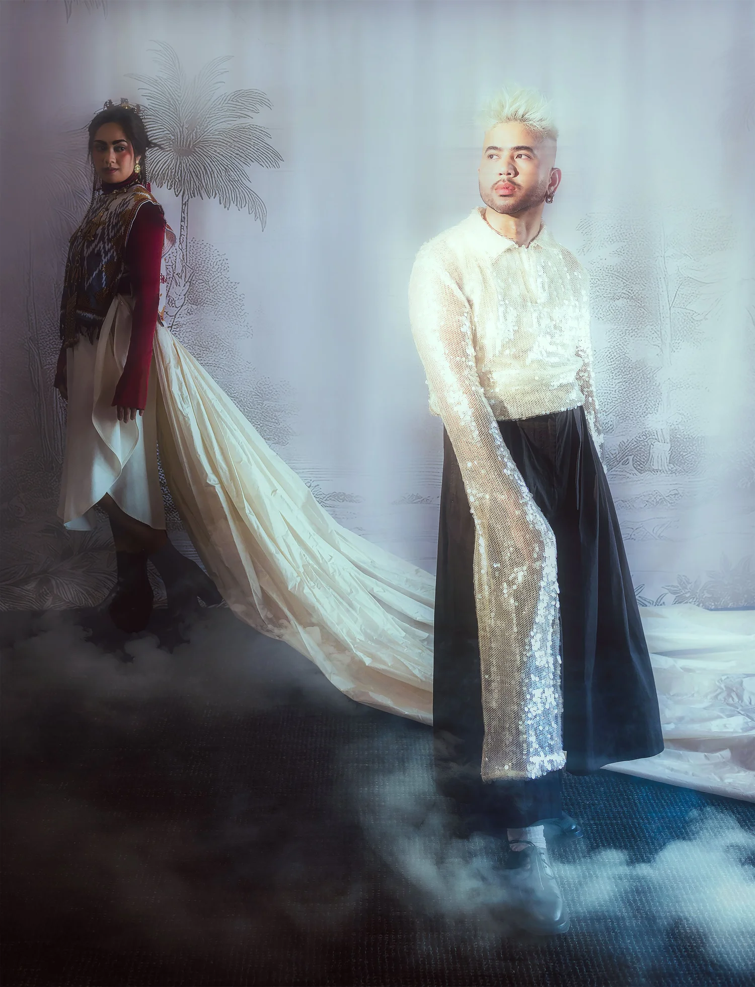 A model in a sheer barong with a long train, from DIWA's Prologue editorial