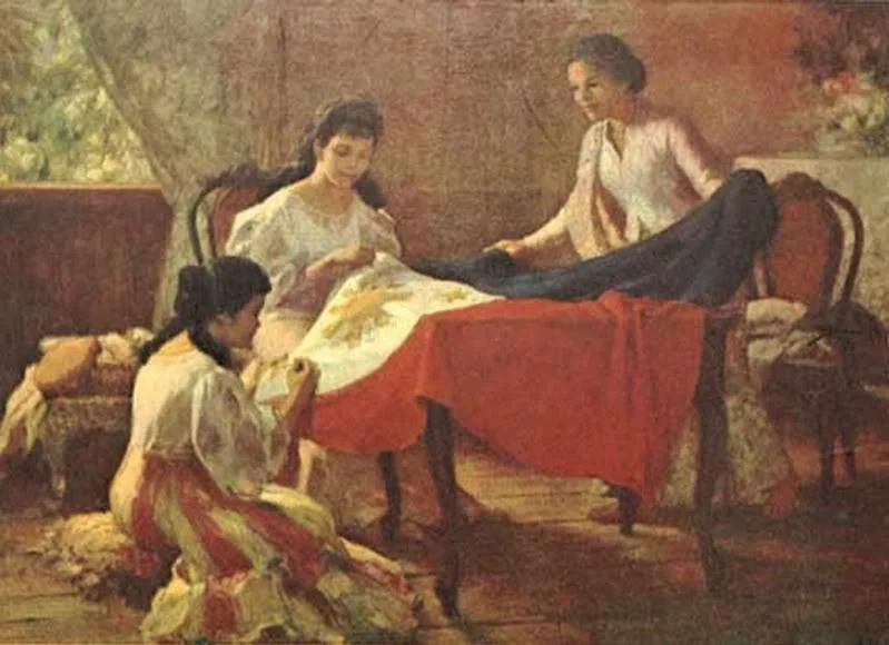A painting of three women sewing the first Philippine flag