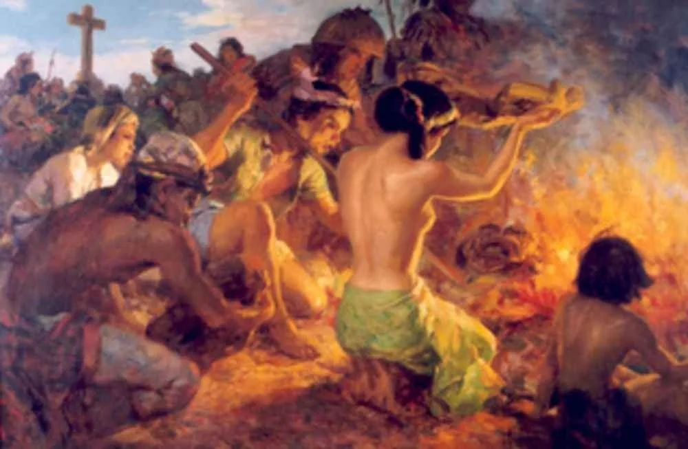 Fernando Amorsolo’s painting Burning of the Idols, people gathered around a fire