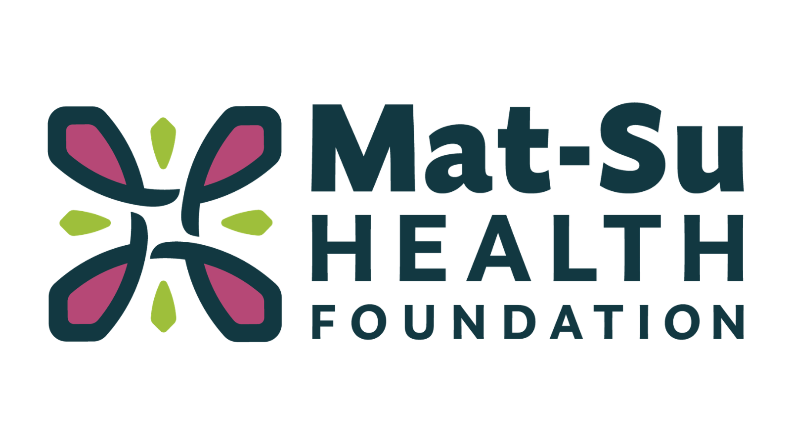 Mat-Su Health Foundation Logo with text to the right reading "Mat-Su Health Foundation". The emblem to the left is four stylized pink fireweed petals in a tilted diamond formation, with another diamond pattern of four green leaves stylized between th