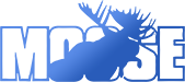 Moose lodge logo with the word "Moose" is written in white text outlined in blue. The shape of a moose in blue is imposed over the text. 