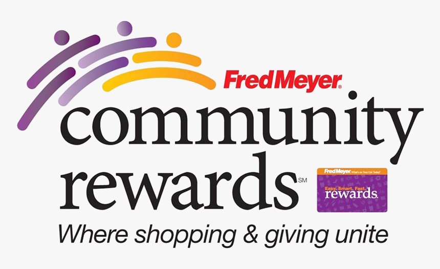 Fred Meyer Community Rewards logo with colorful abstract figure and rewards card, featuring the slogan 'Where shopping & giving unite'.