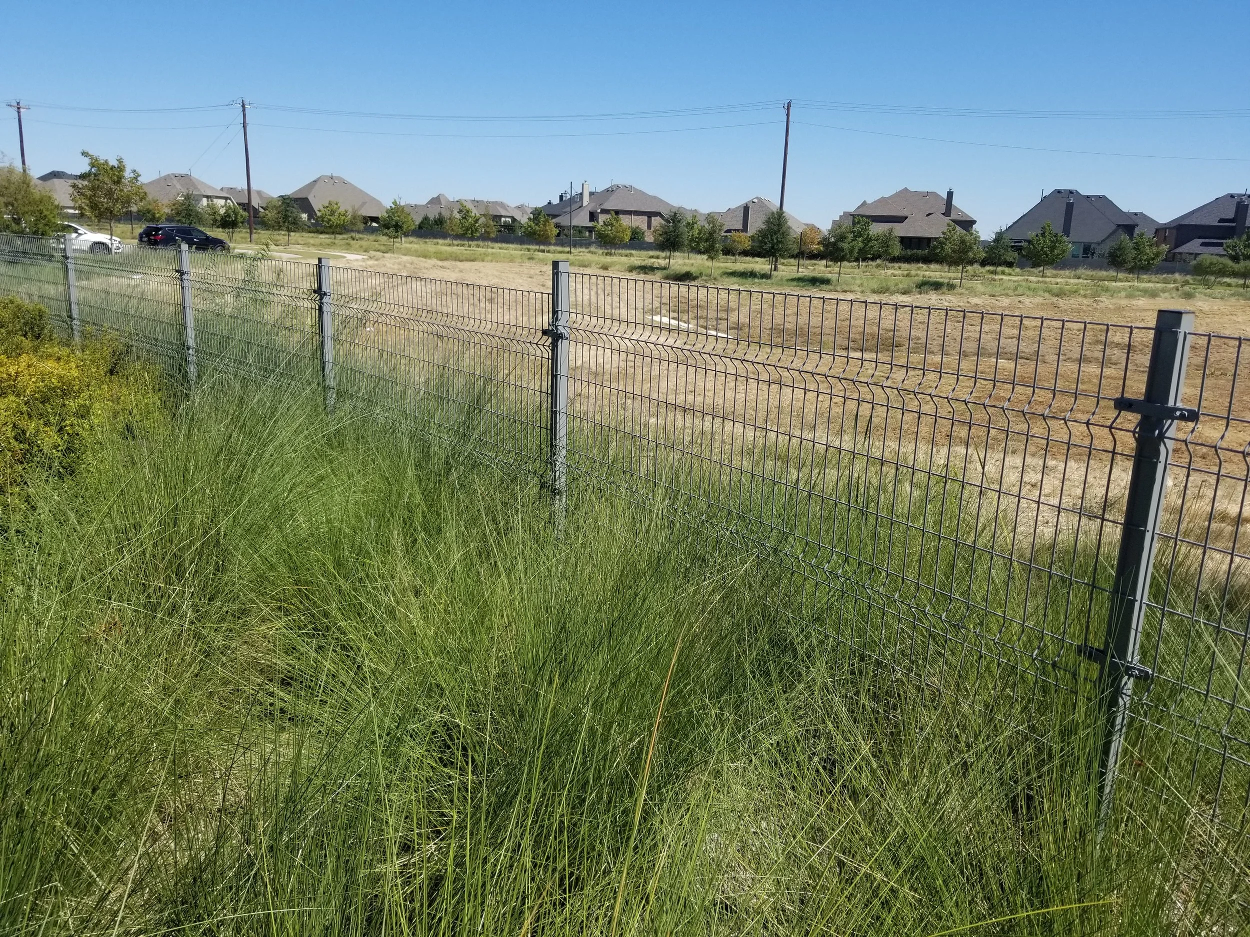 Fenced grassy area with several houses and trees in the background under a clear blue sky.