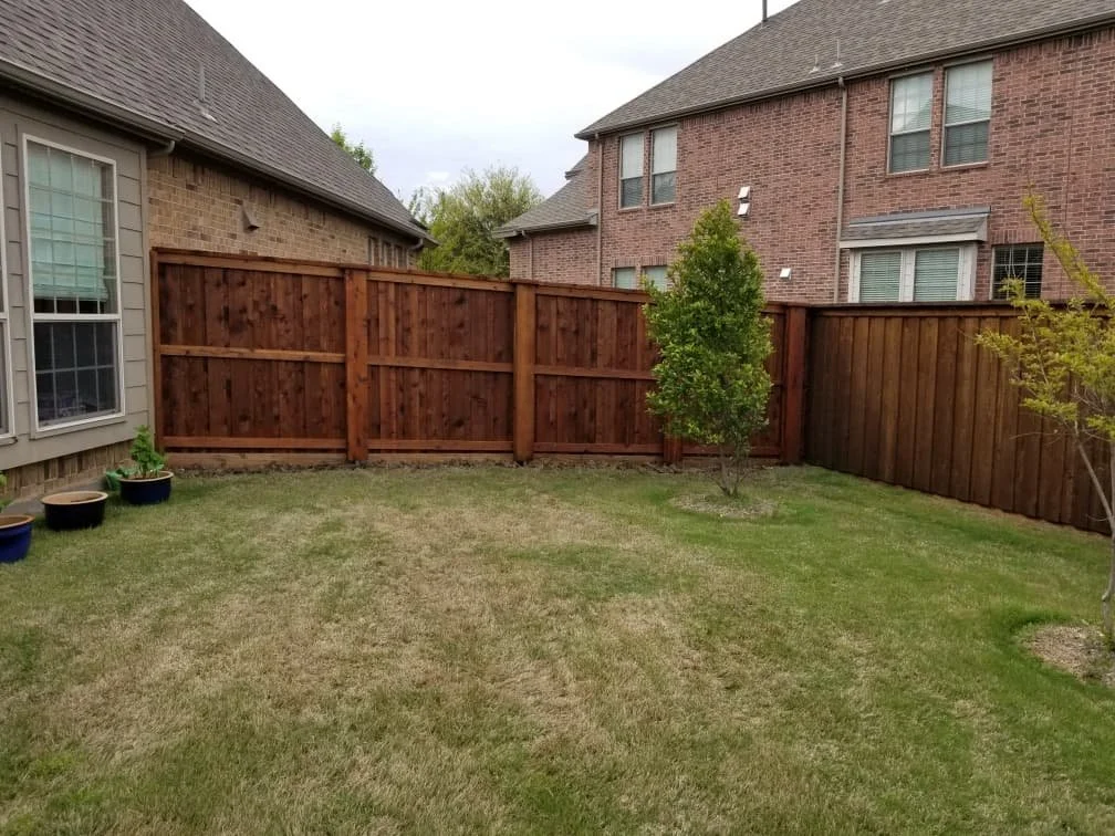 Backyard with a grassy lawn, small trees, and a wooden fence separating the yard from neighboring houses.