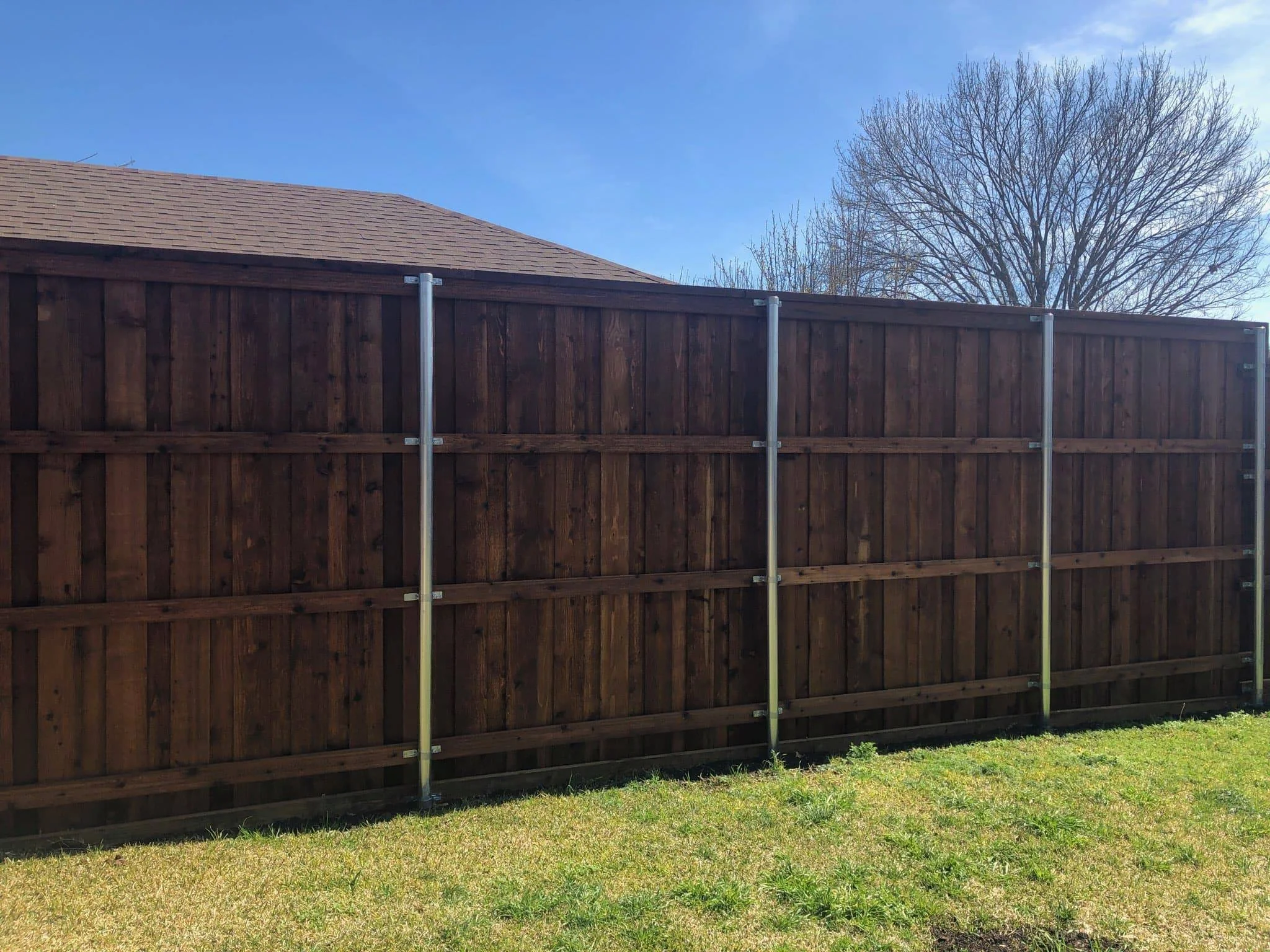 Wooden privacy fence in a backyard with grass and a tree in the background under a blue sky.