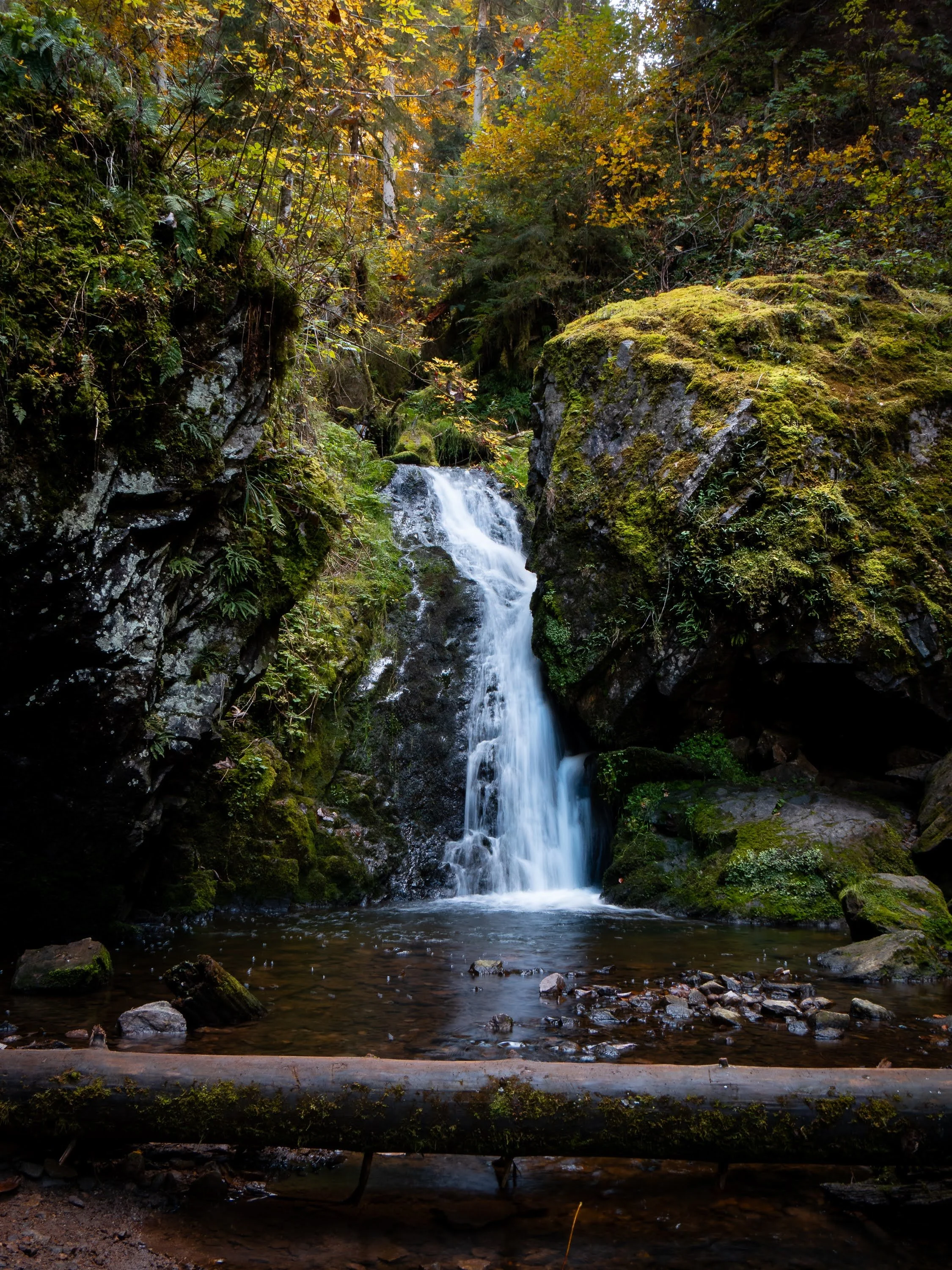 Ein Wasserfall zwischen Felsen in der Lothenbachklamm im Hochschwarzwald