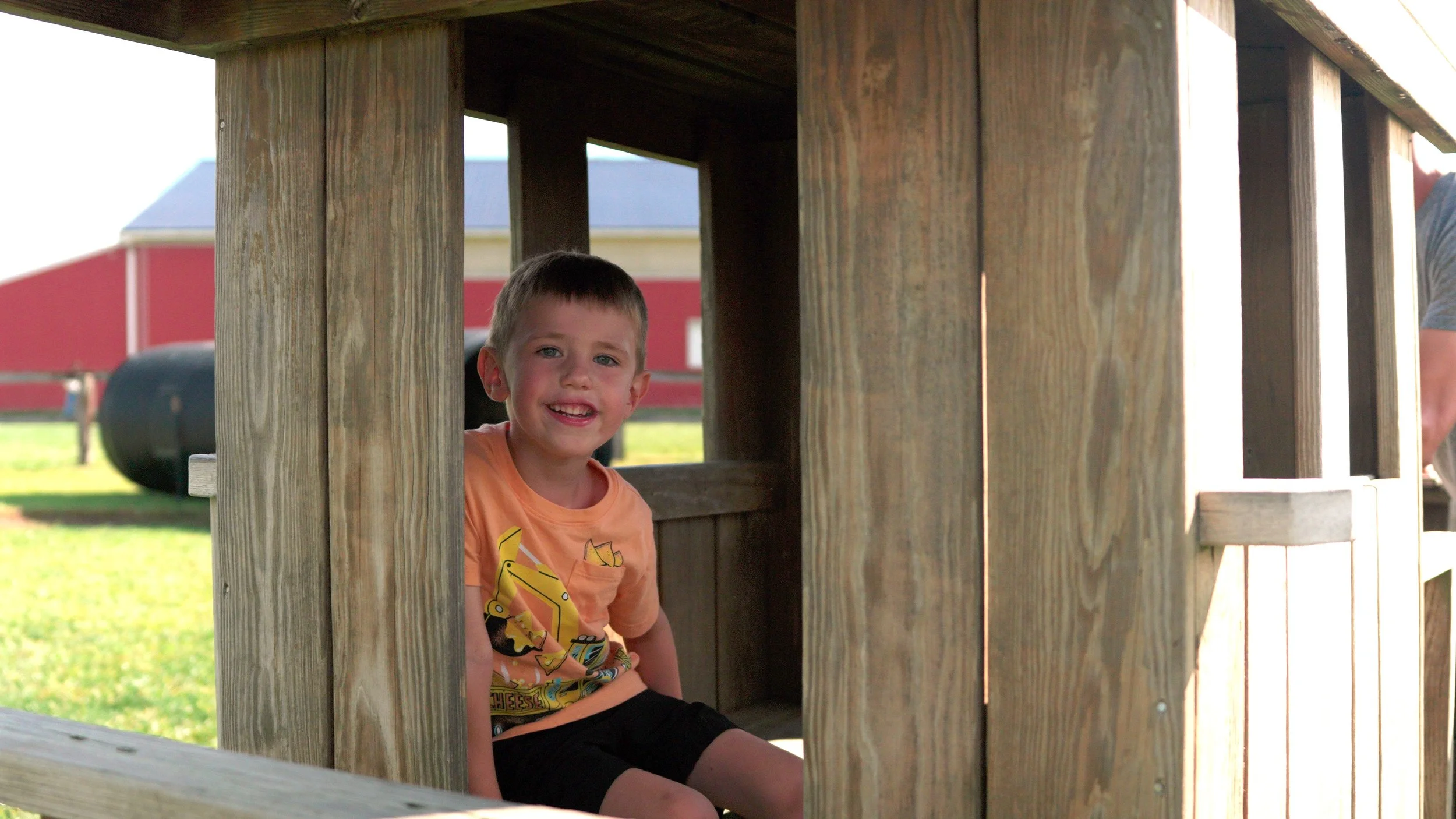 Young boy with short brown hair, wearing an orange shirt with graphics, sitting inside a small wooden playhouse outdoors.