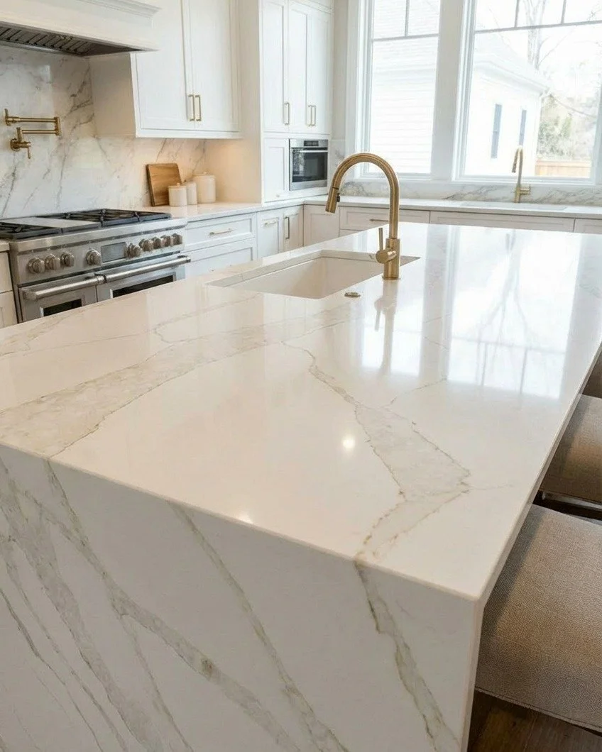 Calacatta Savannah continues to be one of our most in-demand quartz designs and it&rsquo;s easy to see why.

Soft white base. Subtle taupe + gold veining. Effortless luxury that works in any space.

📩 DM us for pricing &amp; availability

#Luxuryint