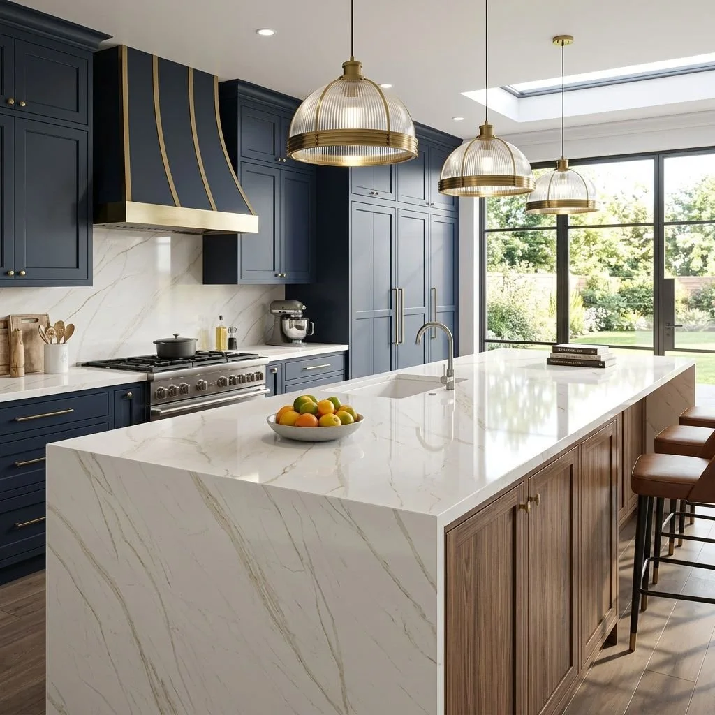 Sierra Drift captures the look of natural marble with a soft white backdrop and flowing gold and taupe veining that adds warmth, movement, and understated luxury to any space.

Its elegant, organic pattern pairs beautifully with both light and dark c