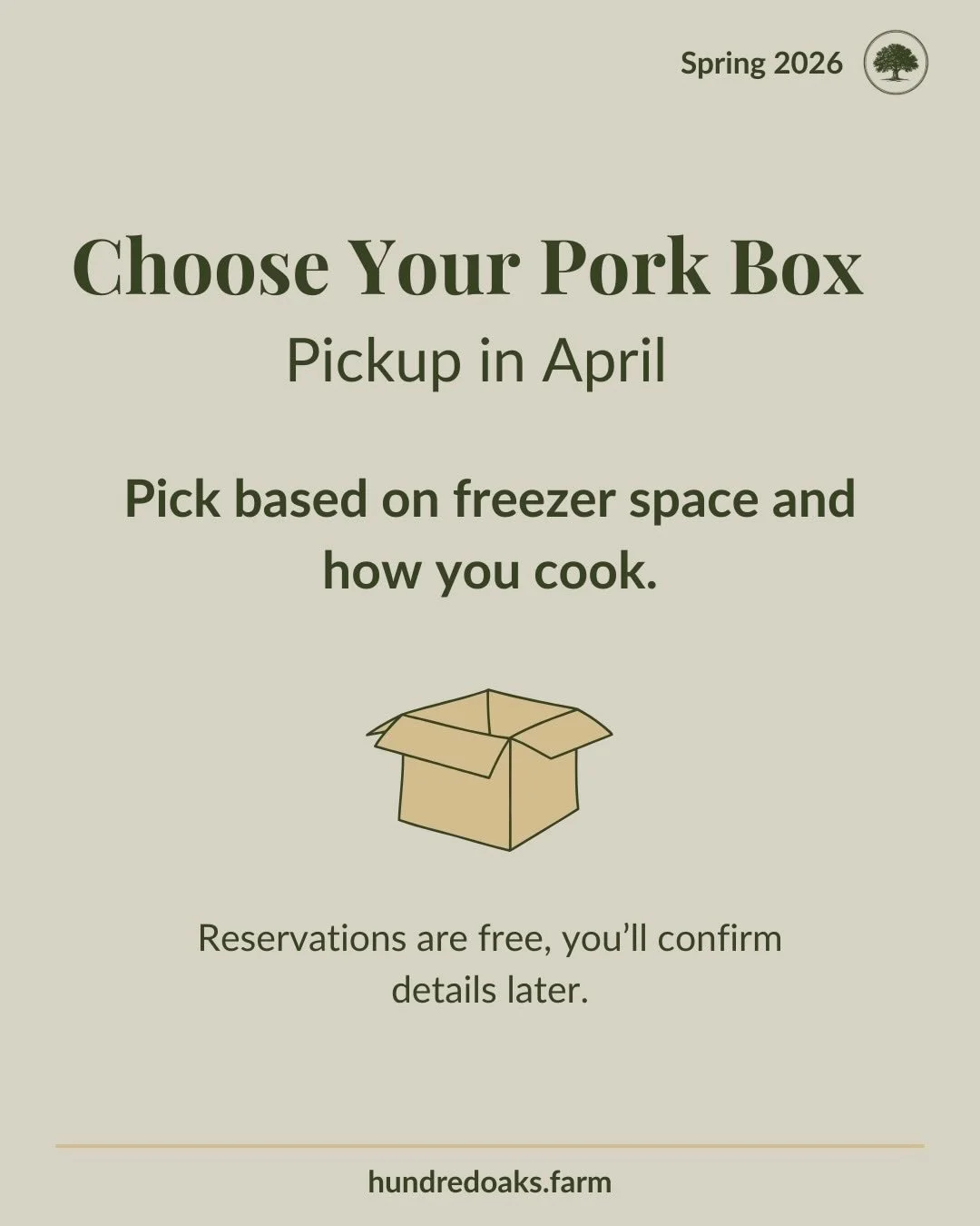 If you are not sure which pork box fits your household, start with the closest fit and we will help from there.

Our April pork boxes range from an easy breakfast box to a whole hog sampler, with options based on freezer space, meal volume, and how y