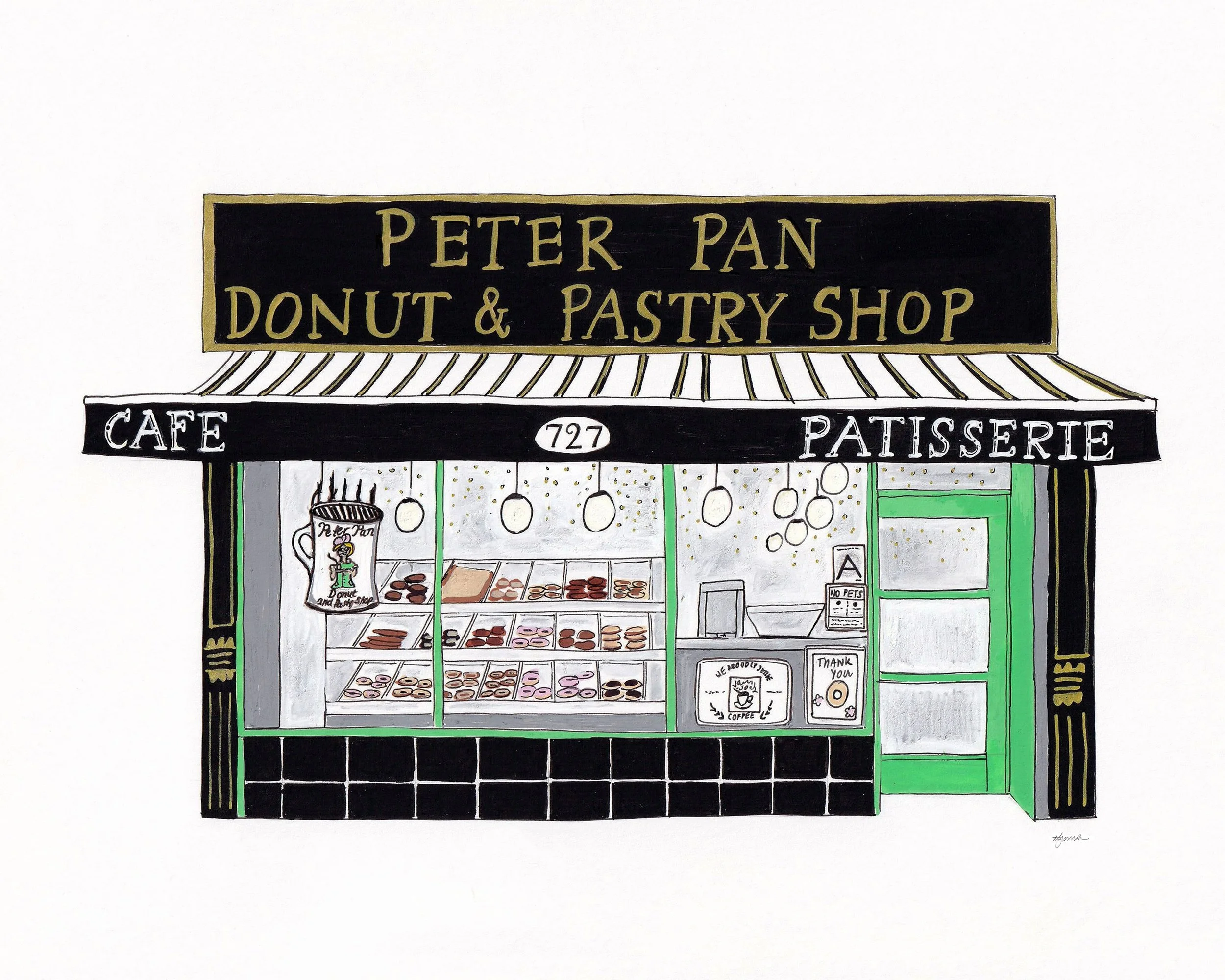 A hand-drawn illustration of a storefront labeled "Peter Pan Donut & Pastry Shop." The shop has a black awning with white lettering and a black sign with gold lettering. The display window shows various donuts. The shop has a green door on the right side and the number 727 above the window.