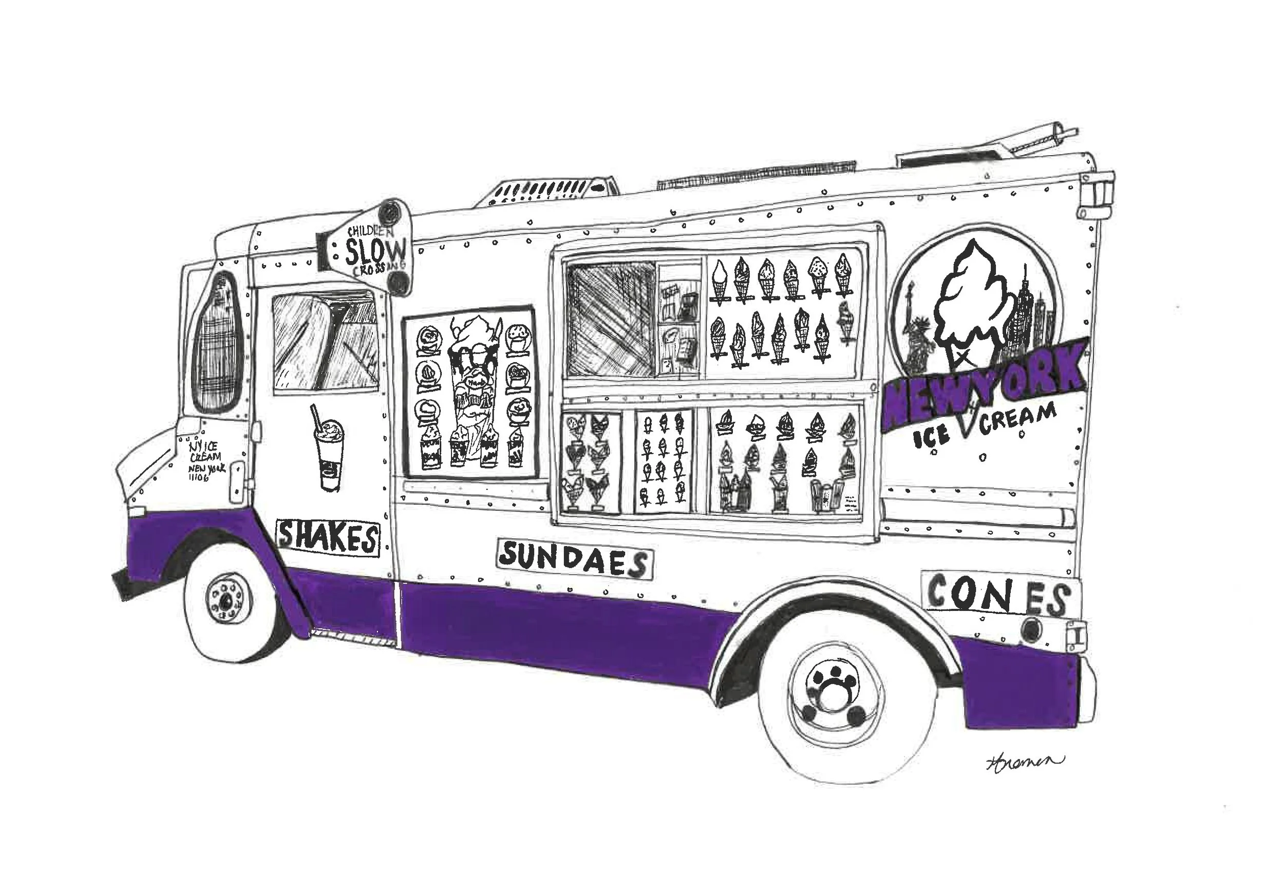 Black and white drawing of an ice cream truck with purple accents. The truck features images of ice cream cones and signs advertising "Shakes," "Sundaes," and "Cones." The side of the truck has a large logo with a tree and city skyline, and the words