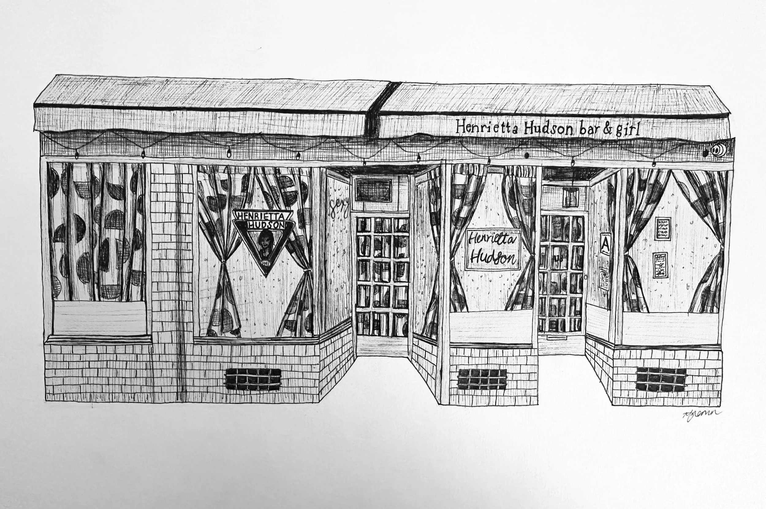 Black and white drawing of a bar and girl called Henrietta Hudson with curtains, string lights, windows, and a sign. The front of the building has a door, windows, and brick design.