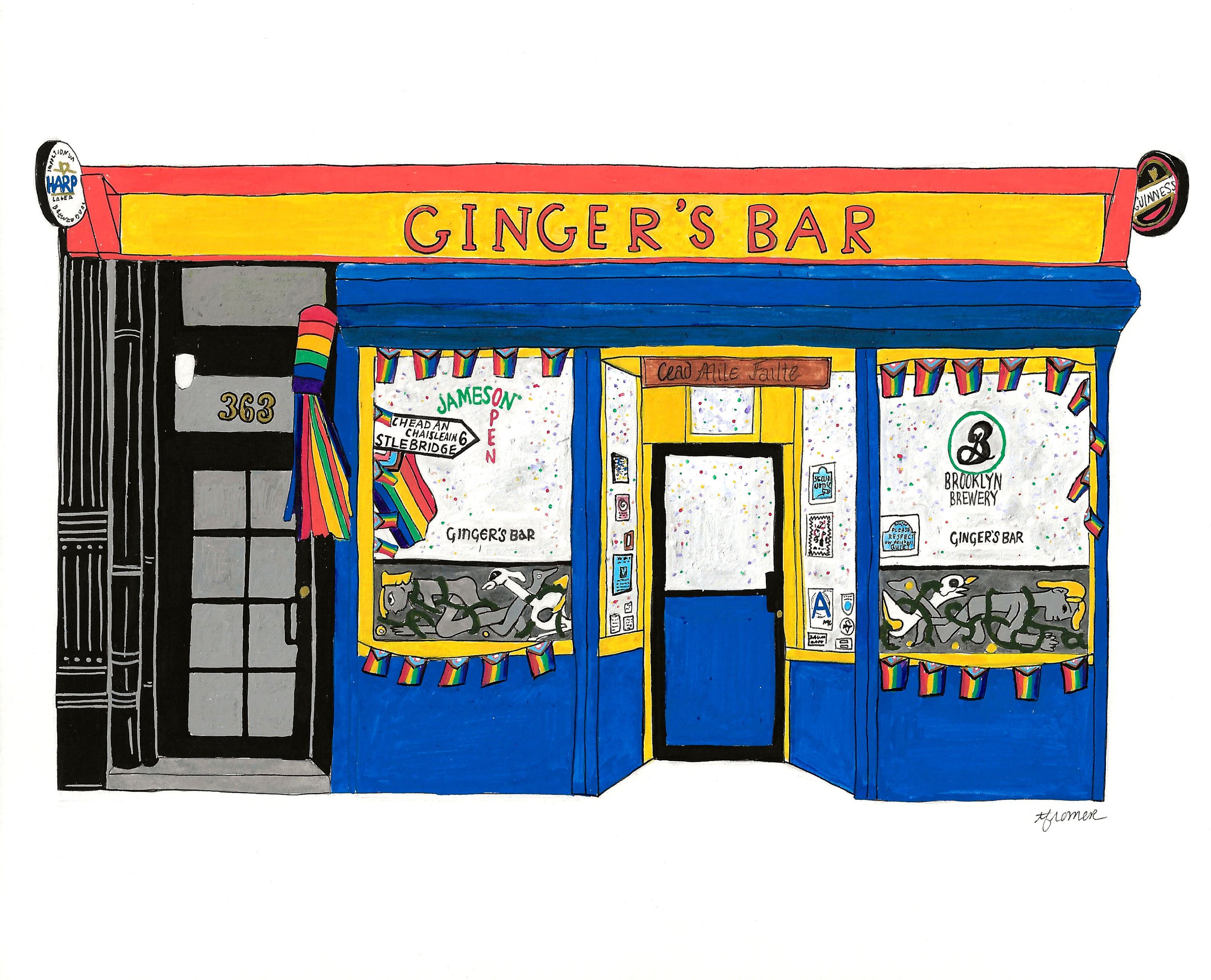 Colorful storefront of Ginger's Bar with rainbow decorations, rainbow-striped awning, and various signs, including one that celebrates LGBTQ pride.