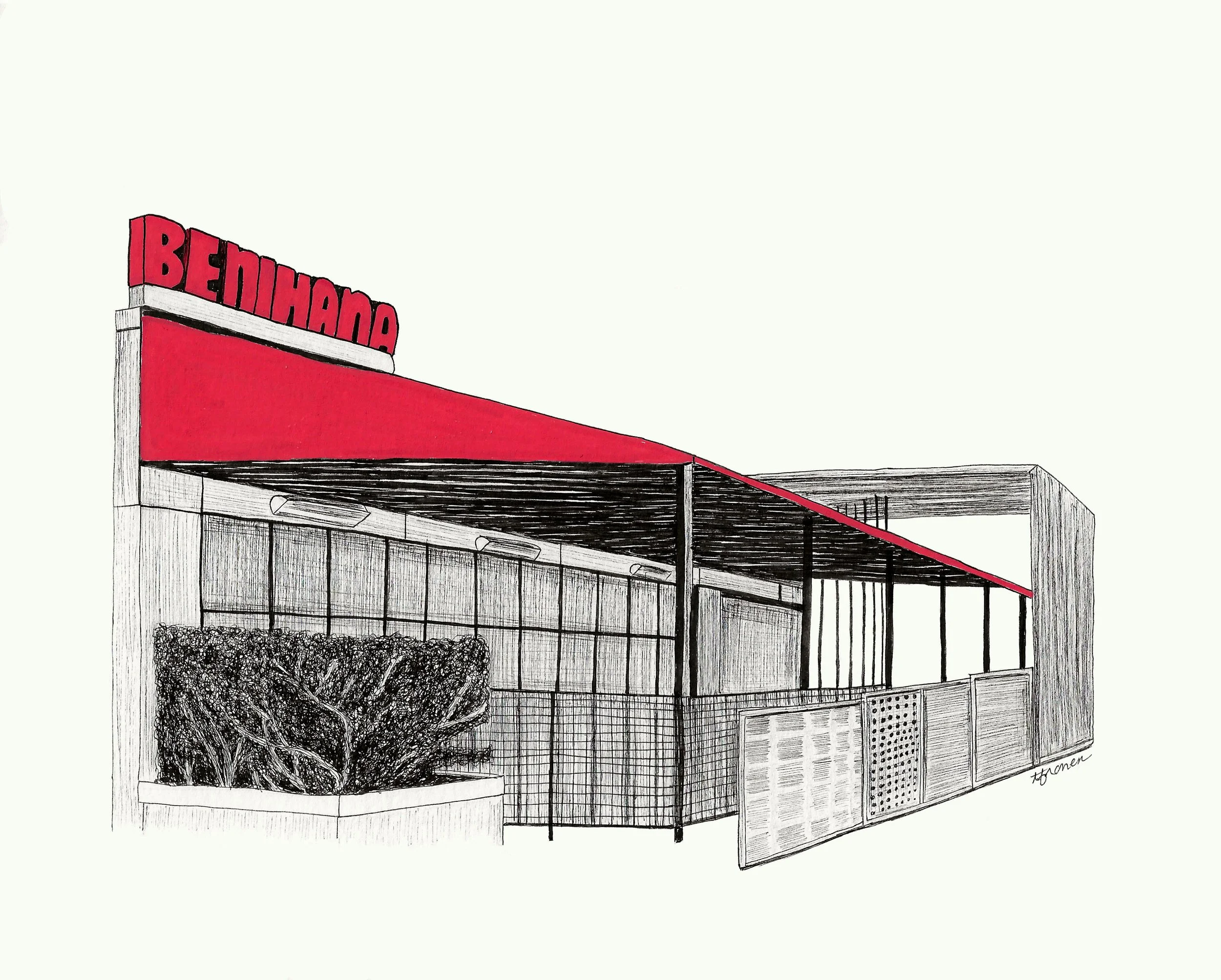 Drawing of a building with a red awning and the word "ΒΕΝΙΗΑΝA" on a sign, surrounded by plants and fencing.