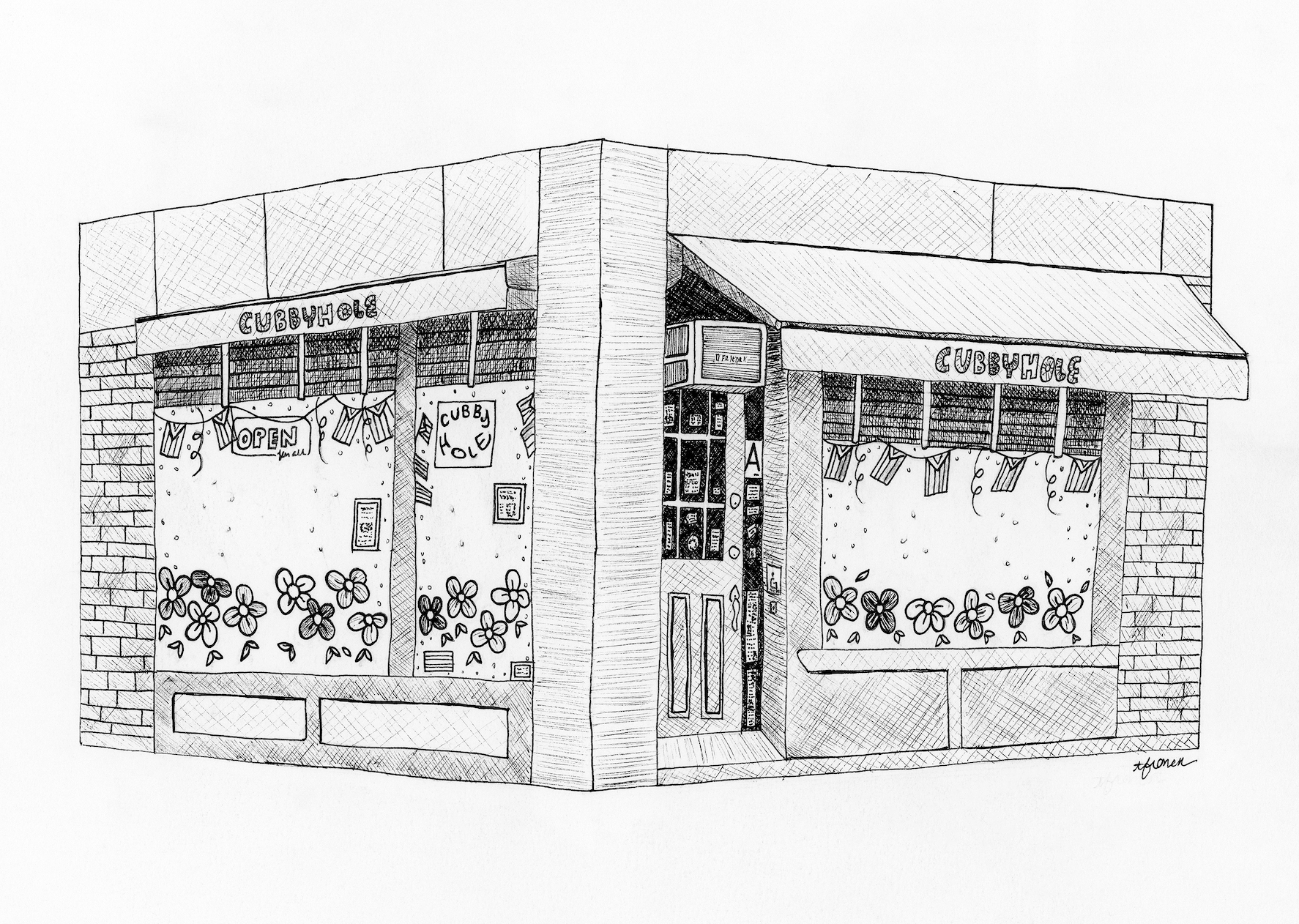 Black and white sketch of a small storefront with signs reading 'CUBBYHOLE' and displays of flowers and decorations in the windows.