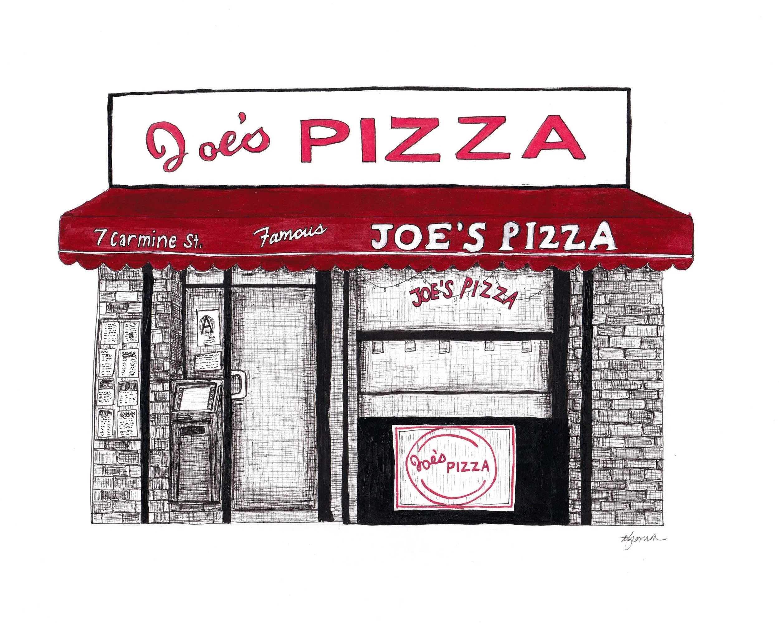 A street view illustration of Joe's Pizza storefront with a red awning and signs, brick walls, and a window displaying the pizza place's logo.