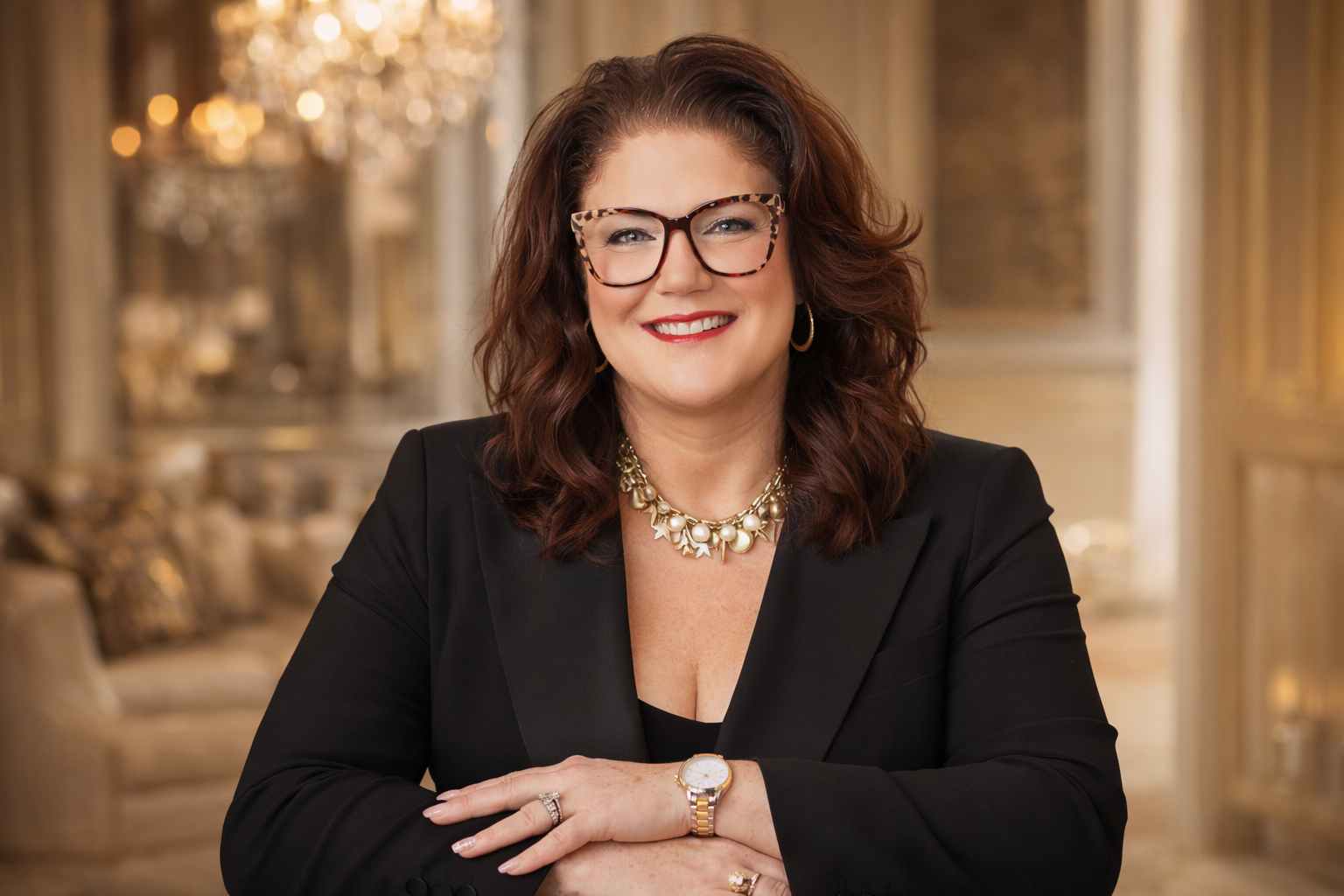 A smiling woman with red hair and glasses, wearing a black blazer, gold watch, and statement jewelry, seated in an elegant, gold-accented room.