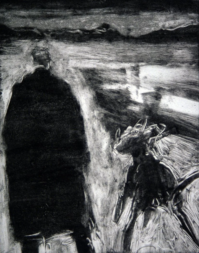 FIGURE OF MAN WITH PET DEER
Monotype on Rives B.F.K.
c. 5" x 7"
c. 2000