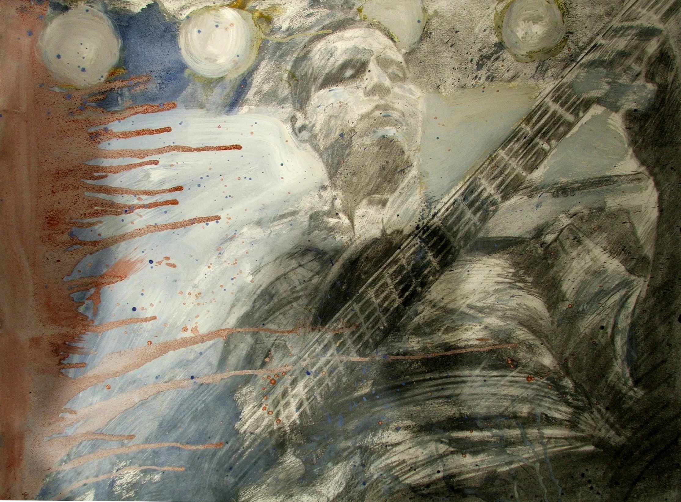 ELECTRIC BASS GUITAR
Graphite, oil paint and water on Rives B.F.K.
22" x 30"
c. 2012