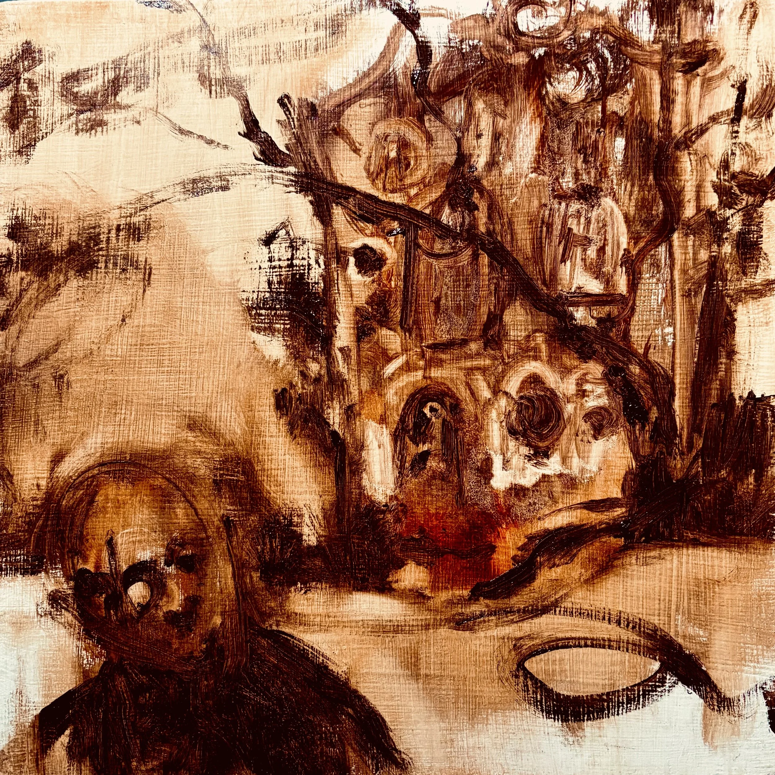 DEPARTURE (FROM THE HAUNTED PAST) Oil on Birch Veneer Hardboard 12" x 12" 2025 