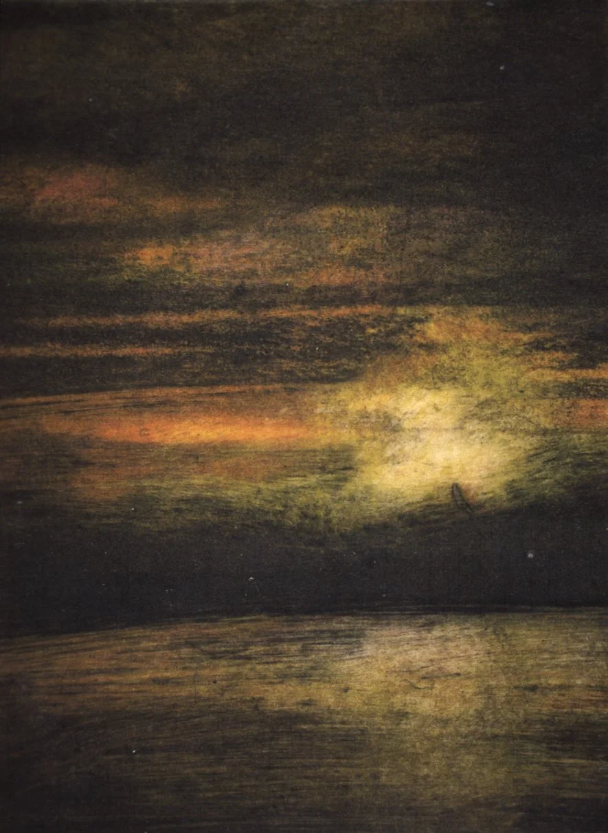 LAND, SEA, SKY
Monotype, oil paint and water on Rives B.F.K.
3.5" x 4.5"
c. 2001
