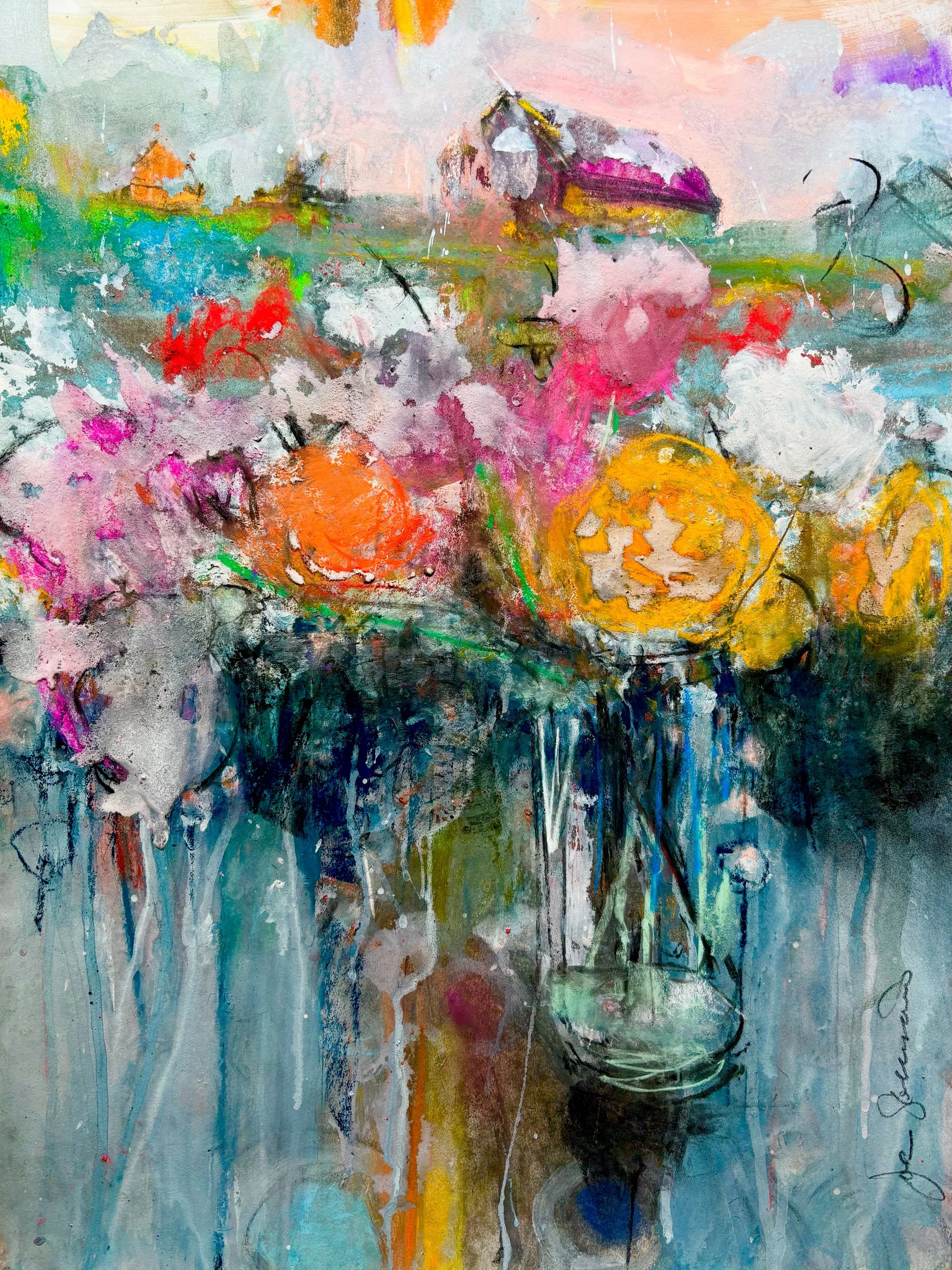 SUMMER BARN AND BOUQUET
Charcoal, pastel and gesso on Stonehenge
22" x 30"
06/30/2025