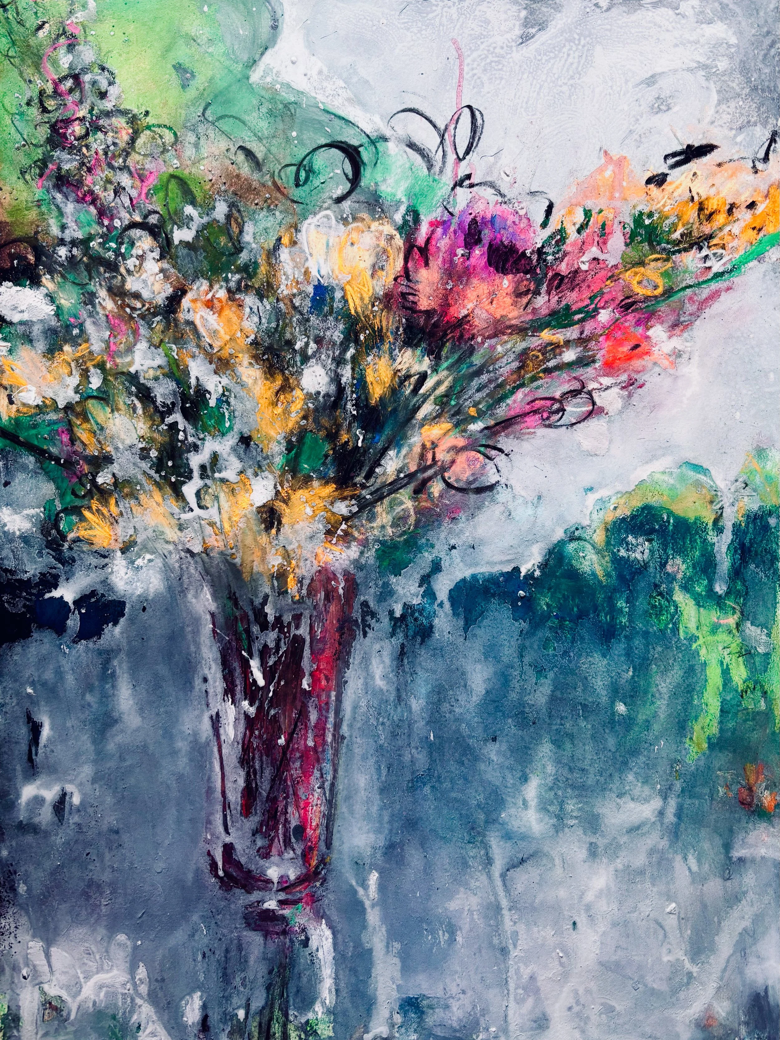 LATE BOUQUET
Charcoal, chalk pastel and gesso on Stonehenge
22" x 30"
07/02/2025